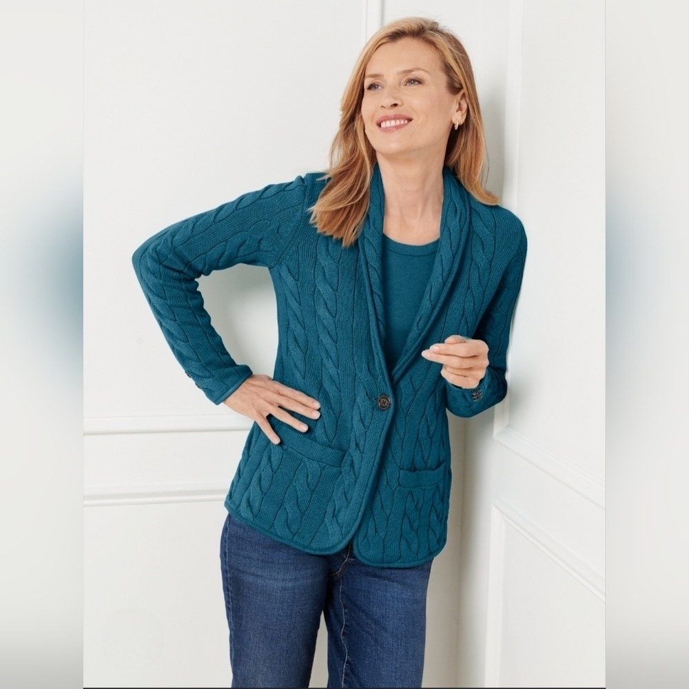 Talbots Cable Knit Cotton Wool Blend Cardigan Blue Large